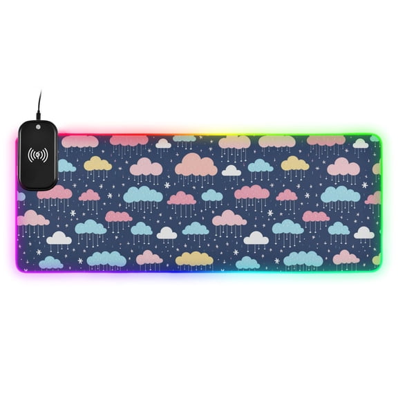 Wireless Charging Mouse Pad Large RGB Gaming Desk Mat 13 Light Modes Mousepad 35.4x15.7 Cartoon Raining Clouds