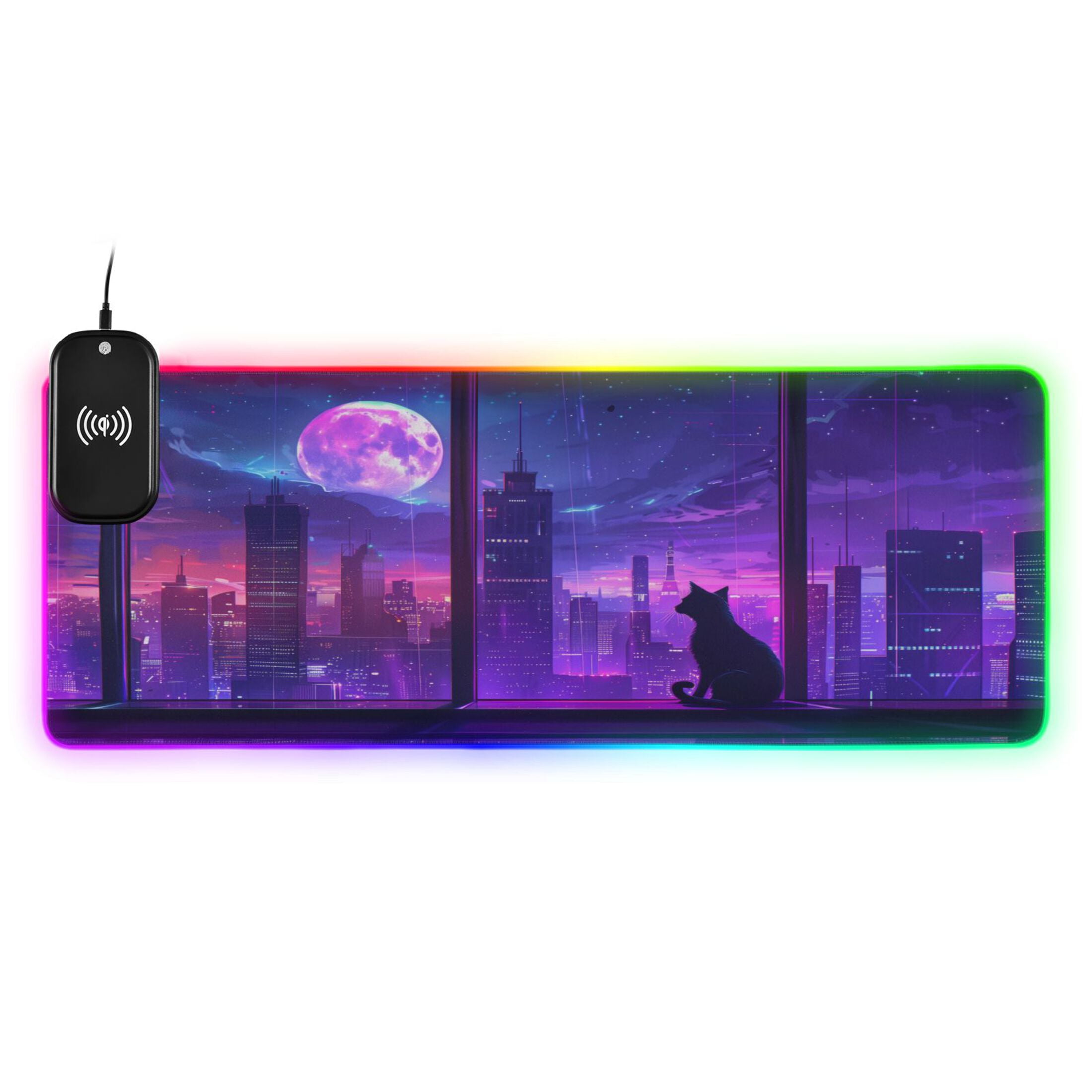 Wireless Charging Mouse Pad Large RGB Gaming Desk Mat 13 Light Modes Mousepad 35.4x15.7 Cat Moon City