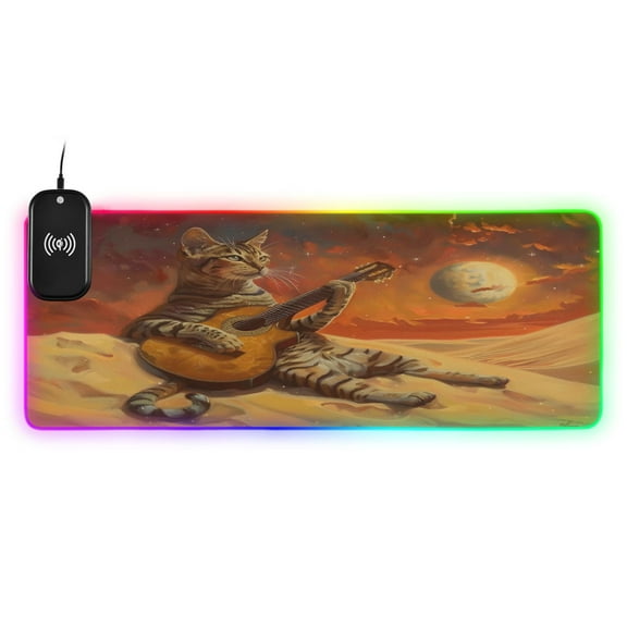 Wireless Charging Mouse Pad Large RGB Gaming Desk Mat 13 Light Modes Mousepad 35.4x15.7 Cat Playing Guitar