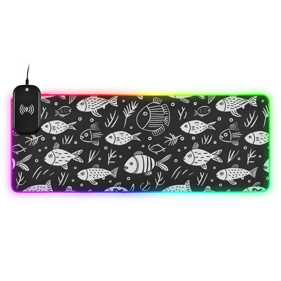 Wireless Charging Mouse Pad Large RGB Gaming Desk Mat 13 Light Modes Mousepad 35.4x15.7 Cute Doodle Fishes