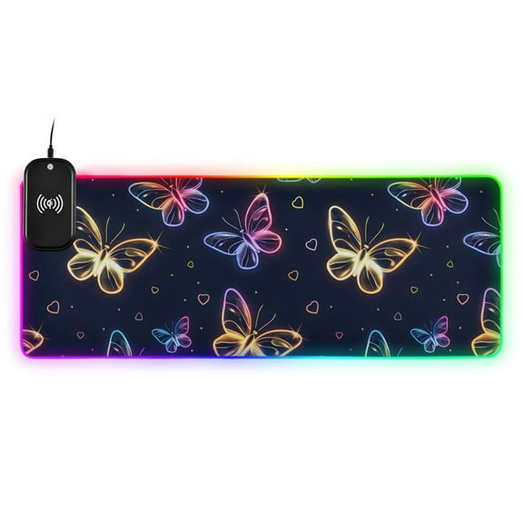 Wireless Charging Mouse Pad Large RGB Gaming Desk Mat 13 Light Modes Mousepad 35.4x15.7 Cute Neon Butterflies