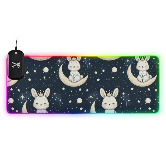Wireless Charging Mouse Pad Large RGB Gaming Desk Mat 13 Light Modes Mousepad 35.4x15.7 Cute Rabbit with Crown on Moon