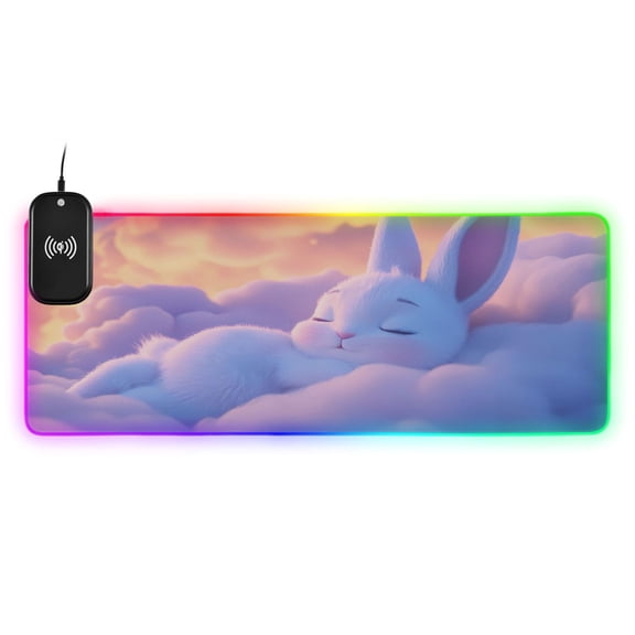 Wireless Charging Mouse Pad Large RGB Gaming Desk Mat 13 Light Modes Mousepad 35.4x15.7 Cute White Rabbit Sleep on Clouds