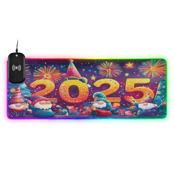 Wireless Charging Mouse Pad Large RGB Gaming Desk Mat 13 Light Modes Mousepad 35.4x15.7 Dwarfs Celebrate 2025 New Year