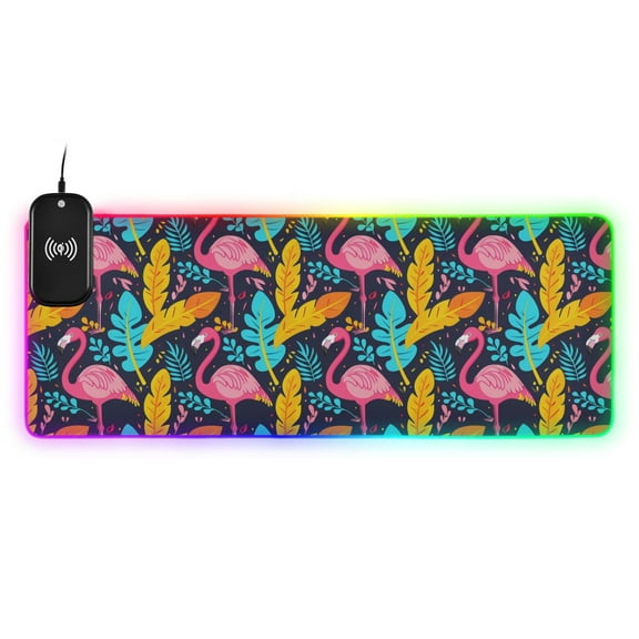 Wireless Charging Mouse Pad Large RGB Gaming Desk Mat 13 Light Modes Mousepad 35.4x15.7 Flamingo and Leaves
