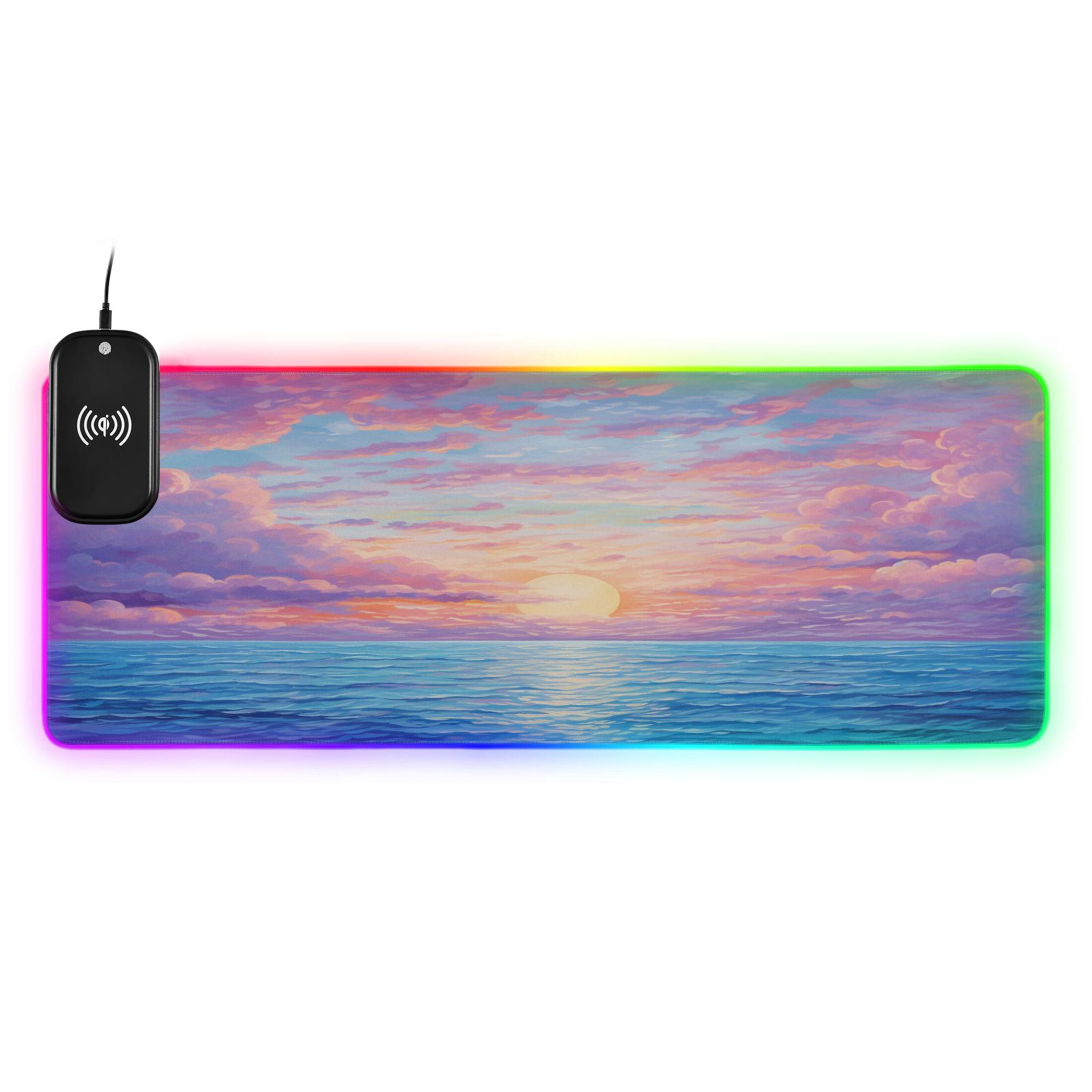 Wireless Charging Mouse Pad Large RGB Gaming Desk Mat 13 Light Modes Mousepad 35.4x15.7 Sea with Sunrise
