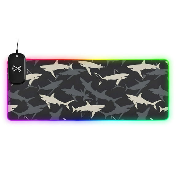 Wireless Charging Mouse Pad Large RGB Gaming Desk Mat 13 Light Modes Mousepad 35.4x15.7 Shark Outline