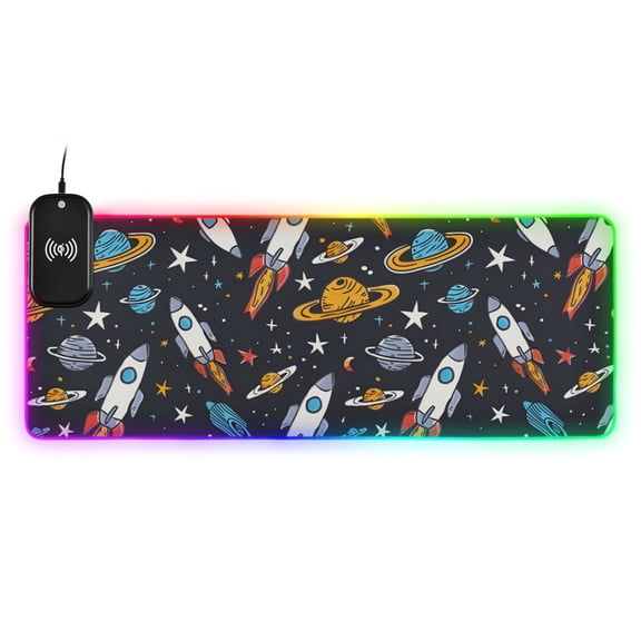 Wireless Charging Mouse Pad Large RGB Gaming Desk Mat 13 Light Modes Mousepad 35.4x15.7 Star Rocket Planet