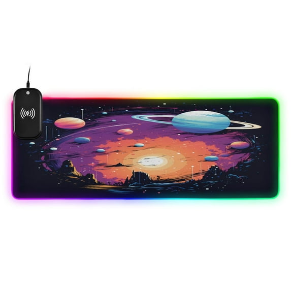Wireless Charging Mouse Pad Large RGB Gaming Desk Mat 13 Light Modes Mousepad 35.4x15.7 Sun and Planet