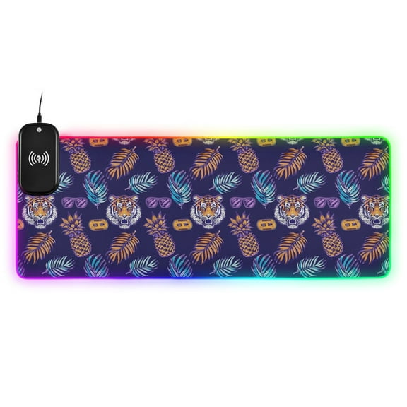 Wireless Charging Mouse Pad Large RGB Gaming Desk Mat 13 Light Modes Mousepad 35.4x15.7 Tiger Face and Pineapple