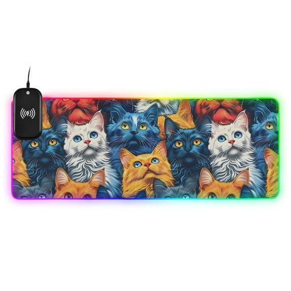 Wireless Charging Mouse Pad Large RGB Gaming Desk Mat 13 Light Modes Mousepad 35.4x15.7 Vibrant Color Cute Cats