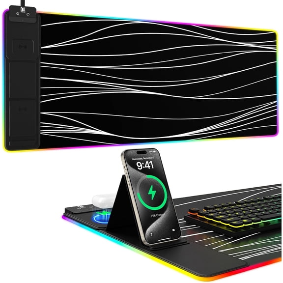 Wireless Charging Mouse Pad with Phone Holder, RGB Gaming Desk Mat, Ultra-Smooth Surface, Non-Slip Waterproof Keyboard Pad, Wavy Black, 31.5x15.75 Inch