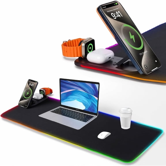 Wireless Charging Mouse Pad, RGB Gaming Desk Mat XXL with Magnetic Wireless Charging Phone Holder for Phone&iWatch&Airpods, Non-Slip Base,15 Lights Colors, Computer Keyboard Mat for MacBook,PC,Laptop