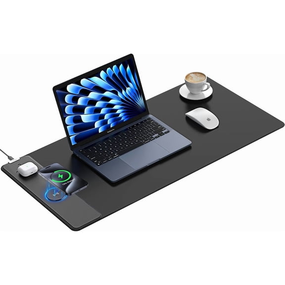 Wireless Charging Mouse Pad, Waterproof Gaming Mousepad with Ultra-Smooth Surface, Non-Slip Base, 31.5"x15.75" XXL Large Desk Pad, Classic Black Computer Desk Mat for MacBook, PC, Laptop