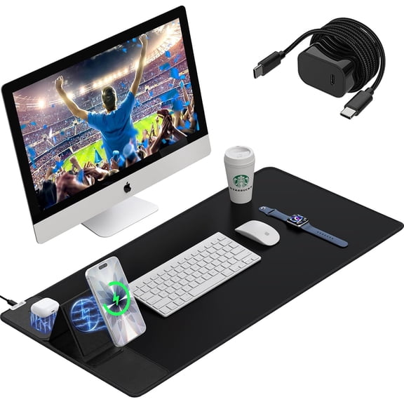 Wireless Charging Mouse Pad with Foldable Phone Holder 15W Magnetic Fast Charging 31.5"x15.75" Large Desk Mat Waterproof Non-Slip Base