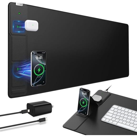 Wireless Charging Mouse Pad with Foldable Phone Holder 31.5"x15.8" Extended Desk Mat Waterproof Ultra-Smooth Non-Slip Surface Black