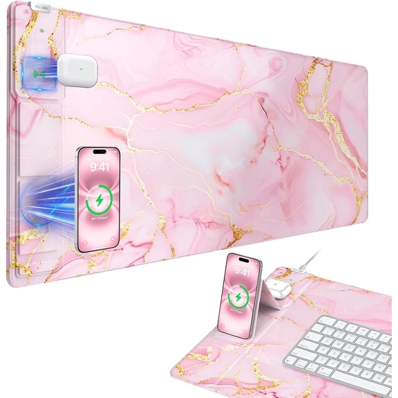 Wireless Charging Mouse Pad with Foldable Phone Holder 31.5"x15.8" Large Desk Mat Waterproof Ultra-Smooth Non-Slip Surface Pink Marble