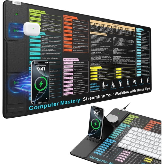 Wireless Charging Mouse Pad with Foldable Phone Holder and Excel Cheat Sheet Desk Mat 31.5"x15.8" Waterproof Ultra-Smooth Non-Slip Surface