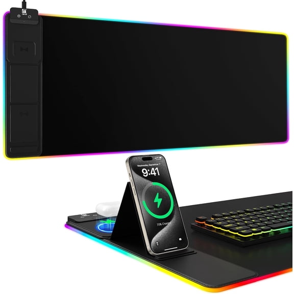 Wireless Charging Mouse Pad with Phone Holder Desk Mat 31.5 x 15.75 Inch Black