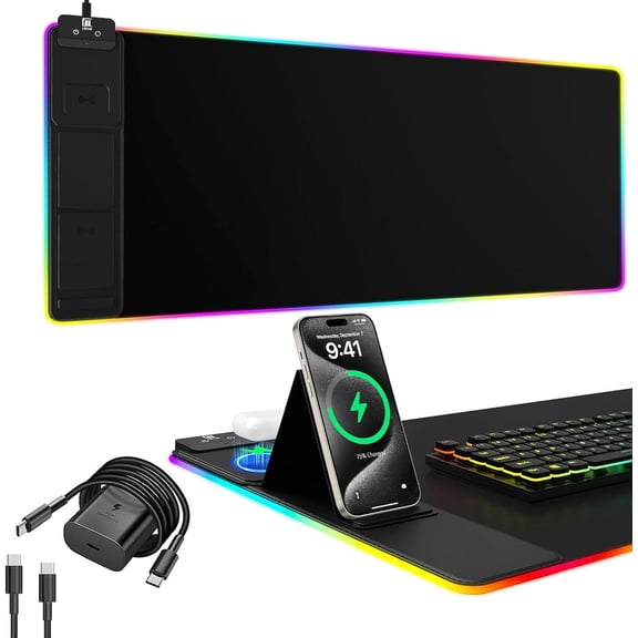 Wireless Charging Mouse Pad with Phone Holder and USB C Charger, Large Desk Mat with Non-Slip Base and Waterproof Surface, Black