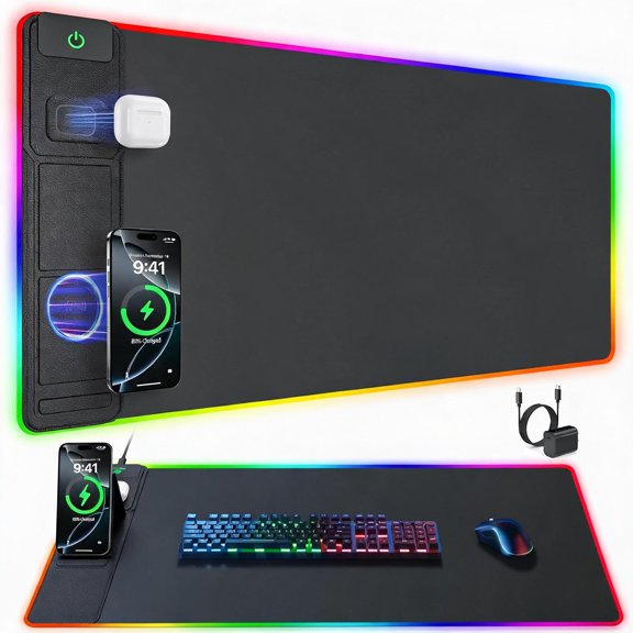 Wireless Charging Mouse Pad with Phone Stand 31.5 In X 15.8 In RGB Light