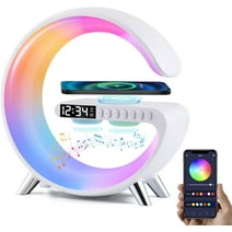 Wireless Charging Night Light with Bluetooth, Speaker Sound Machine 6 in 1 Table Lamp with Alarm Clock, APP Control Smart Light Bedside Dimmable Atmosphere Light for Home Decor Gift Girl - White