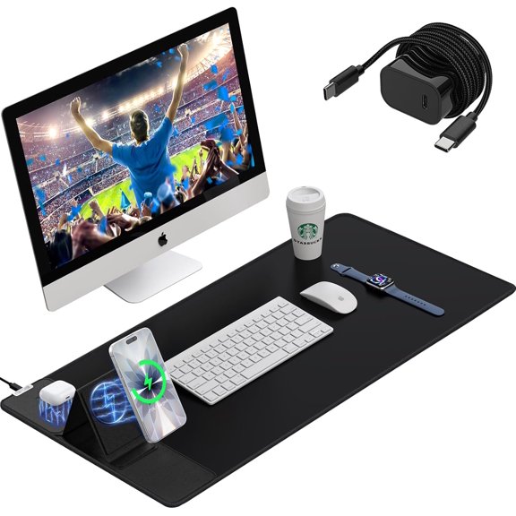 Wireless Charging Pad with Foldable Phone Holder, 15W Magnetic Fast Charging for iPhone Samsung, 31.5"x15.75" Large Desk Mat for Laptop/Keyboard, Waterproof Gaming pad with Non-Slip Base