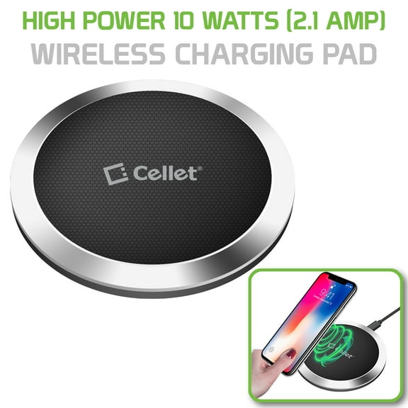 Wireless Charging Pad, High Power 10 Watts (2.1 Amp) Ultra-Slim Wireless Charging Pad for Samsung Galaxy Note 9, Apple iPhone X, 8/8 Plus and All Wireless (Qi) Enabled Devices by Cellet - Grey
