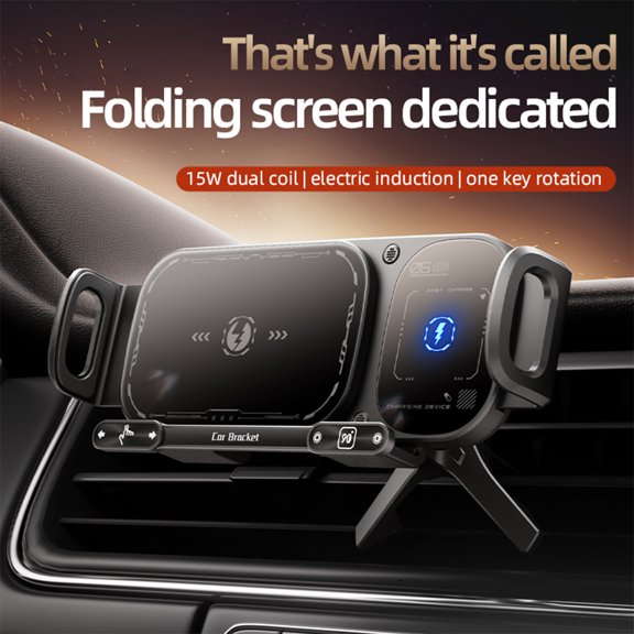 Wireless Charging Phone Holder Car Mount for Folding Screen/Universal Smartphone, 90° Rotating Car Mount Output Power 15W, Super Stable Air Vent Cell Phone Car Mount with Hook Clip, One Button Releas