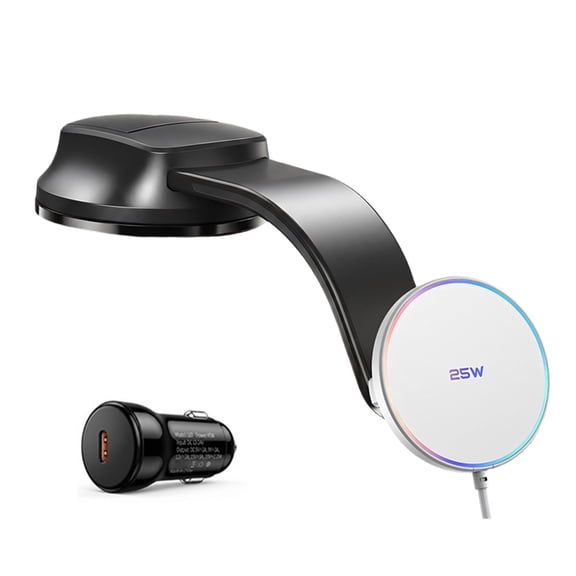 Wireless Charging Phone Holder for Car with Magnetic Pad, Suction Cup Base, Adjustable Arm, 25W Power for Navigation Viewing