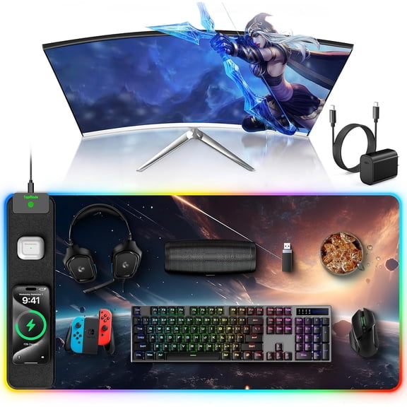 Wireless Charging RGB Gaming Mouse Pad 31.5 In X 15.8 In Large Desk Mat With Power Adapter And Woven Cable