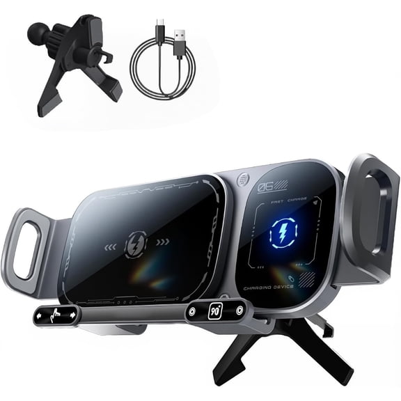 Wireless Charging Rotating Car Mount: 15W Fast Wireless Mount Charger with Auto Clamping - 360° Rotation Anti-Shake Technology for Hands-Free Phone Navigation (Grey)
