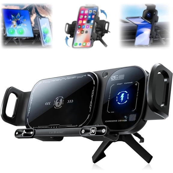 Wireless Charging Rotating Car Mount, High Intelligent 2 in 1 Auto Rotating Phone Holder, One-Click Rotation, Universal Phone Holder Car Charger Fast Charging for Car Dashboard & Air Vent (Black)