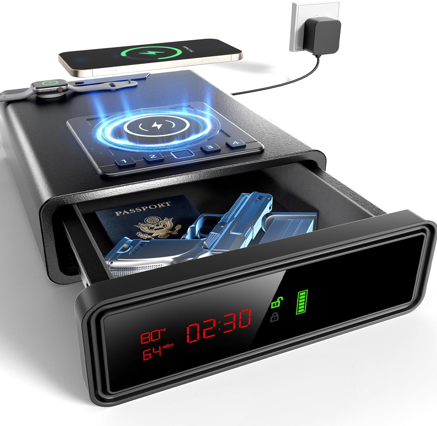 Wireless Charging Nightstand Gun Safe - Biometric Fingerprint Safe for Handgun, Auto Pop-Up Quick Access Drawer, Digital Clock, LED Light for Bedside
