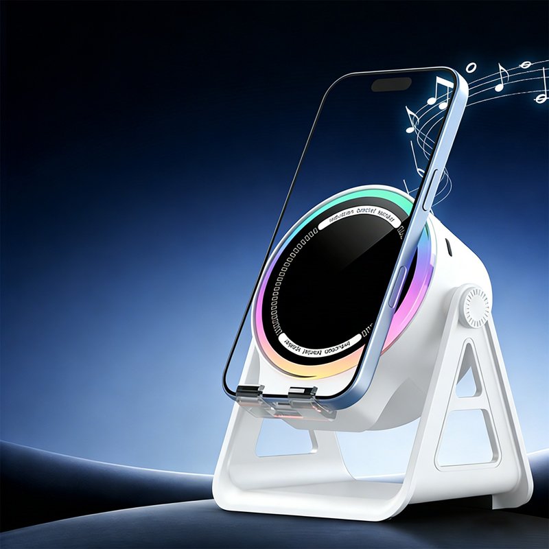 Wireless Charging Speaker Bluetooth 5.4 Function,Rotating Phone Stand Support Function,Ambient LED Light Effect Function,Stereo Music Playback Function Device,Desktop Multi Function Audio Speaker