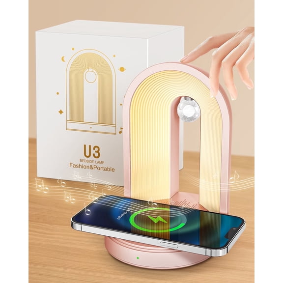 U3 All-in-One Wireless Charging Night Light - Perfect Valentine‘s & Mother‘s Day Gift, Dimmable Table Lamp with Bluetooth Speaker