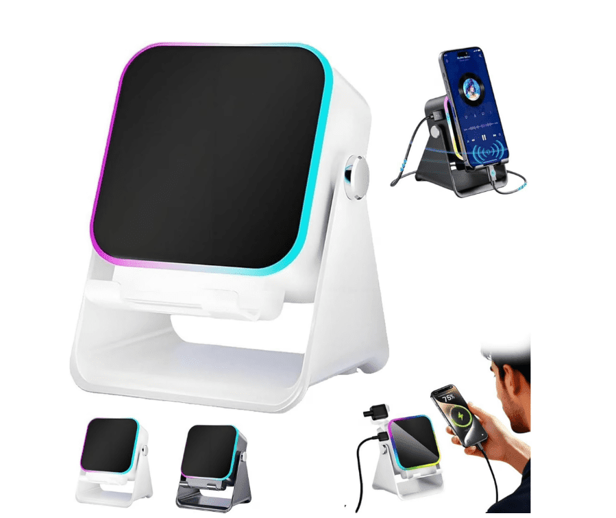Wireless Charging Speaker Stand - 5-in-1 Bluetooth Speaker with 8 RGB Ambient Lights, 5000mAh Power Bank, Adjustable Tablet Holder for iPhone iPad Android - Stereo Sound Desktop Dock & Birthday Gift