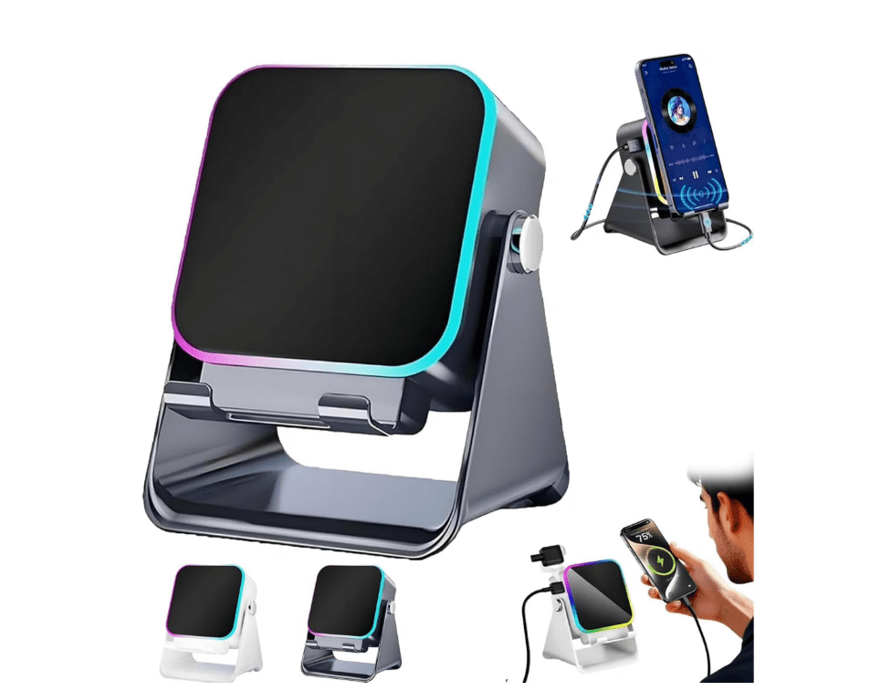 Wireless Charging Speaker Stand - 5-in-1 Bluetooth Speaker with 8 RGB Ambient Lights, 5000mAh Power Bank, Adjustable Tablet Holder for iPhone iPad Android - Stereo Sound Desktop Dock & Birthday Gift