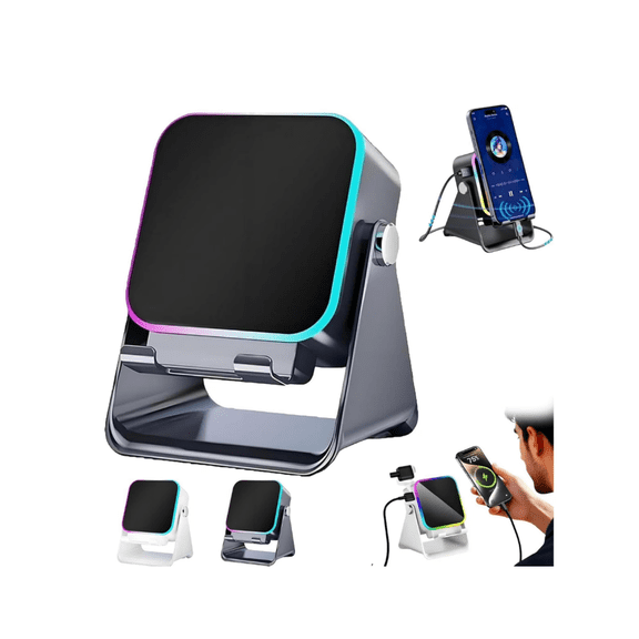 Wireless Charging Speaker Stand - 5-in-1 Bluetooth Speaker with 8 RGB Ambient Lights, 5000mAh Power Bank, Adjustable Tablet Holder for iPhone iPad Android - Stereo Sound Desktop Dock & Birthday Gift