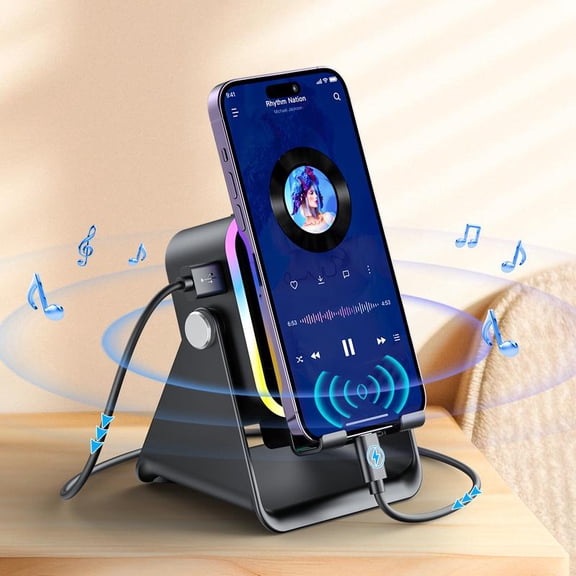 Wireless Charging Speaker Stand, 5-in-1 Phone Dock, 3500mAh Power Bank, 360 Adjustable Tablet Stand with RGB Lights, Gift for Men Women