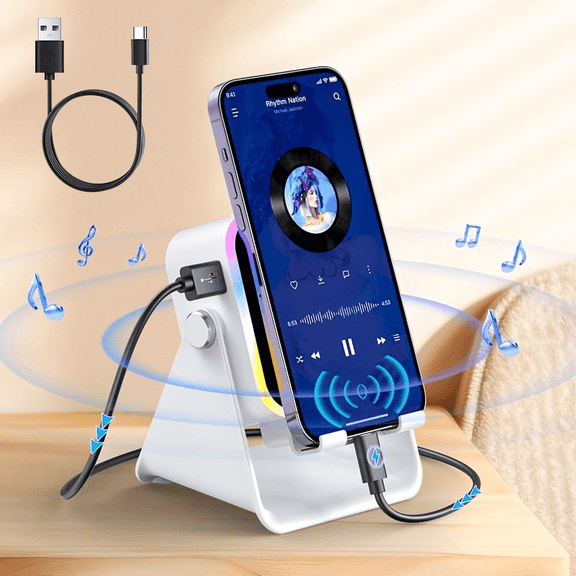 Wireless Charging Speaker Stand: 5-in-1 Phone Holder, Power Bank, Ambient Light, 360° Adjustable Tablet Stand with Remote