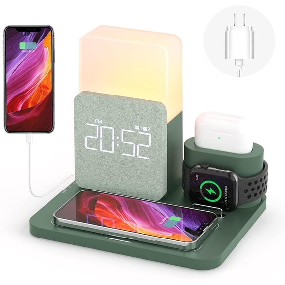 Wireless Charging Stat, iPhone 3 in 1 Fast 15W Wireless Charger with Alarm Clock and Night Light, Charging Dock for iPhone 12/13/14/15/16/17 Pro/Pro Max, Samsung, AirPods