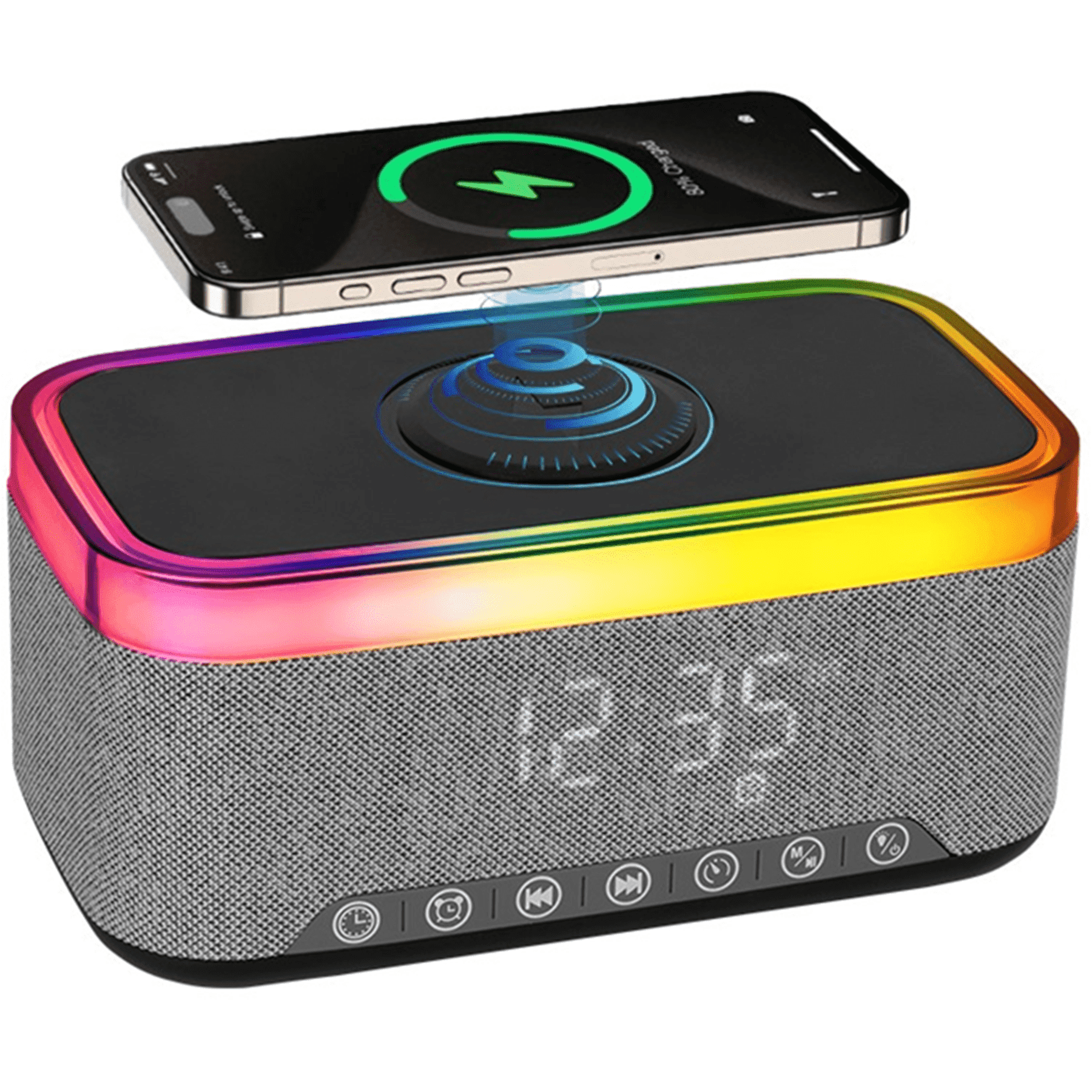 Wireless Charger,15W Fast Desk Wireless Charger Station for iPhone 17-12 Pro Max Plus Phone Wireless Charger with Bluetooth Stereo Speaker,Digital Clock Alarm,Colors Night Light