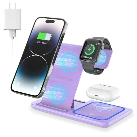Cshidworld Wireless Charging Station, 3 in 1 Wireless Charger for iPhone 17/16/15/14/13/12/11/Pro/Pro Max/XS, 18W Charging Dock for iWatch Series 11 10 9 8 7 6 5 4 3 2, Airpods 4/3/2/Pro(Purple)