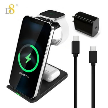 Wireless Charging Station, 3 in 1 Charger for iPhone, Fast Wireless Charging Stand Dock for iWatch & Airpods(with Adapter)