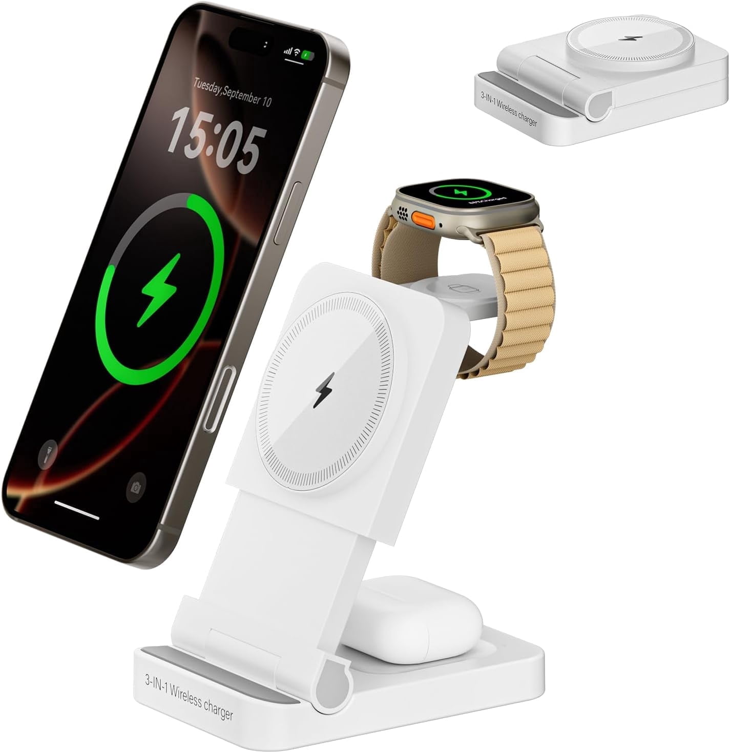 3-in-1 Foldable & Retractable Wireless Charger Station, 15W Fast Magnetic Charging, Portable Fast Charging Stand,Compatible with Mag Safe Charging for i Phone17/16/15/14/13/12,i Watch,Air Pods(White)