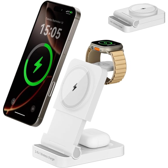 3-in-1 Foldable & Retractable Wireless Charger Station, 15W Fast Magnetic Charging, Portable Fast Charging Stand,Compatible with Mag Safe Charging for i Phone17/16/15/14/13/12,i Watch,Air Pods(White)
