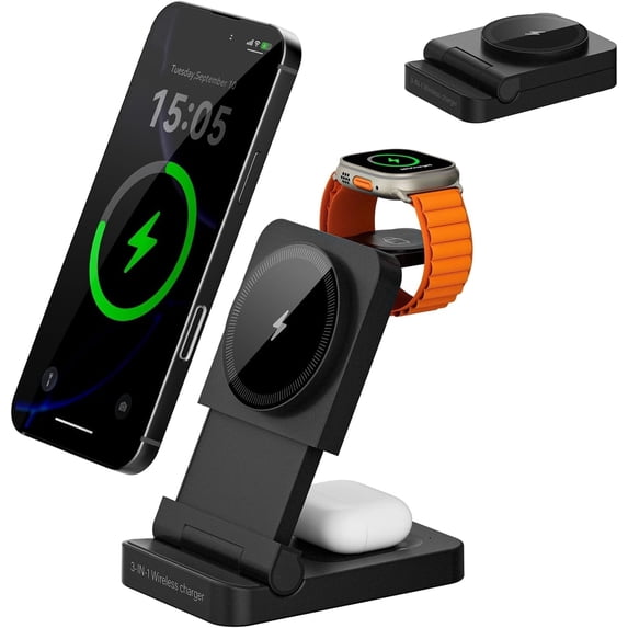 3-in-1 Foldable & Retractable Wireless Charger Station, 15W Fast Magnetic Charging, Portable Fast Charging Stand,Compatible with Mag Safe Charging for i Phone17/16/15/14/13/12,i Watch,Air Pods(Black)