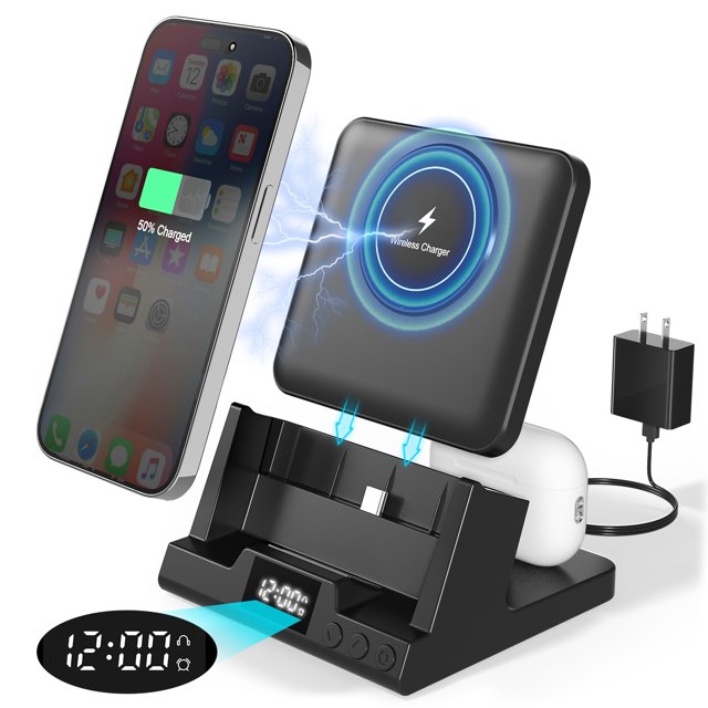 Wireless Charging Station, 4 in 1 Wireless Charger with Alarm Clock, 15w Fast Charging Stand for
