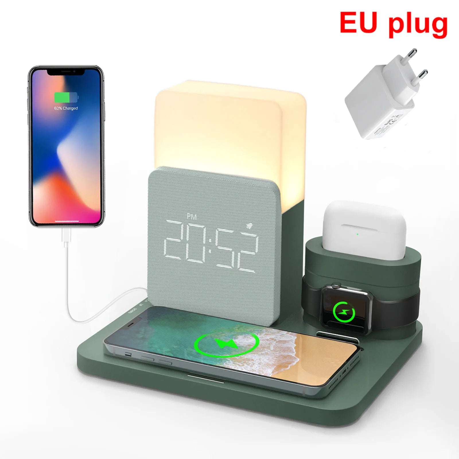 Wireless Charging Station 4 in 1 Watch Charger Alarm Clock Phone Holder